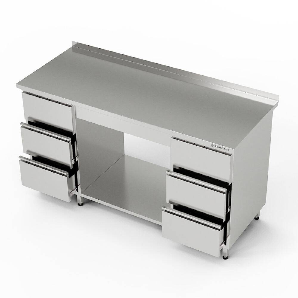 Masă de lucru din oțel inoxidabil cu 2 blocuri de 3 sertare și raft 230x60x85 cm | FORGAST