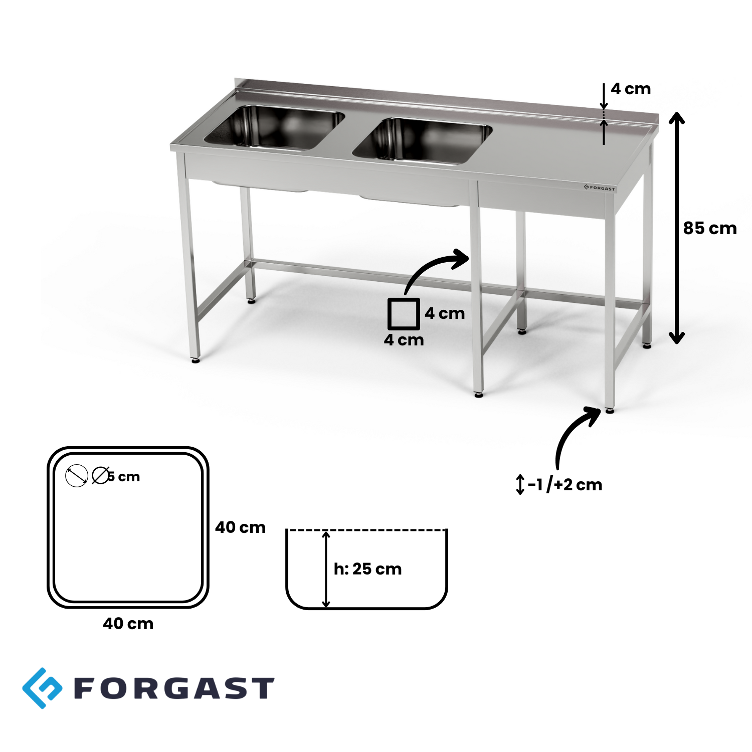 Masă inox cu chiuvetă cu 2 compartimente 270x70x85 cm | FORGAST
