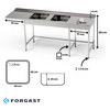 Masă din inox cu chiuvetă cu 2 vase, spațiu pentru mașina de spălat vase și evacuare a deșeurilor 260x70x85 cm | FORGAST