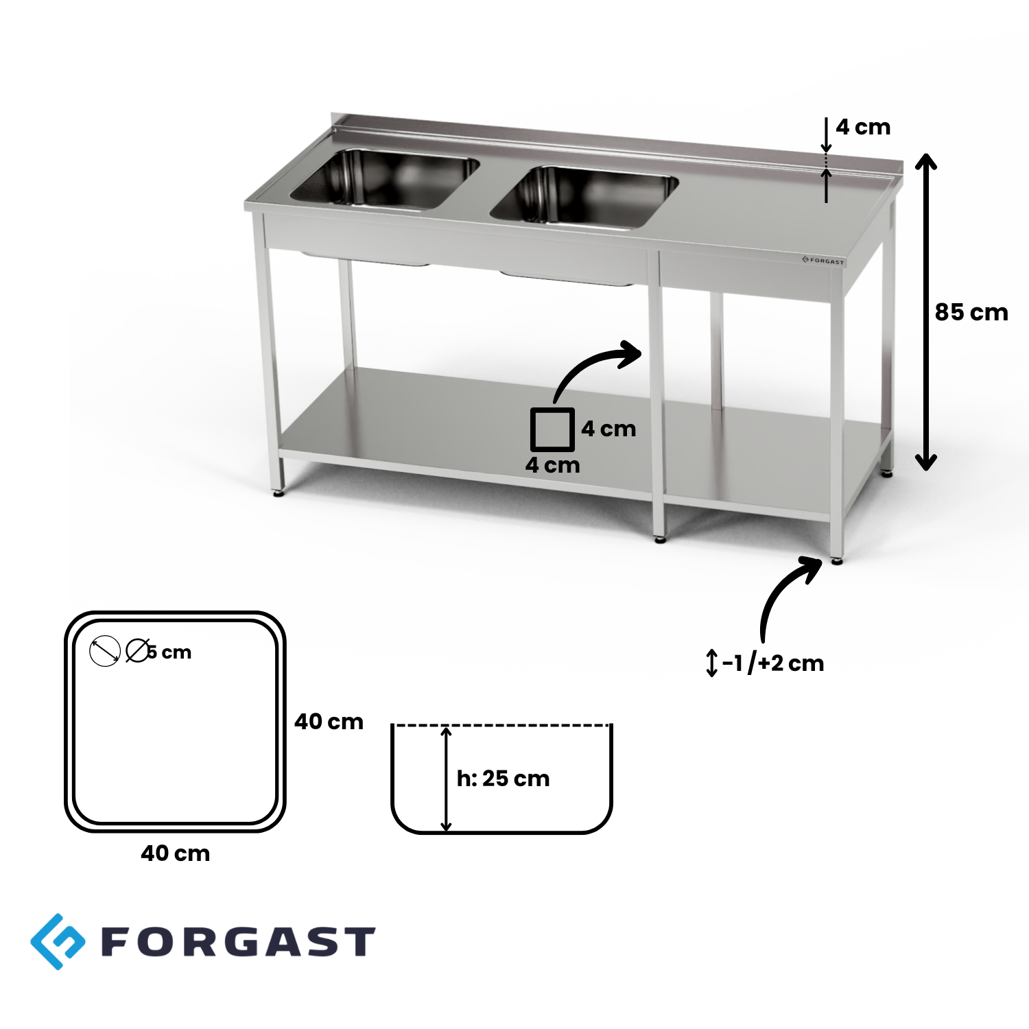 Masă inox cu chiuvetă cu 2 căzi 270x60x85 cm | FORGAST
