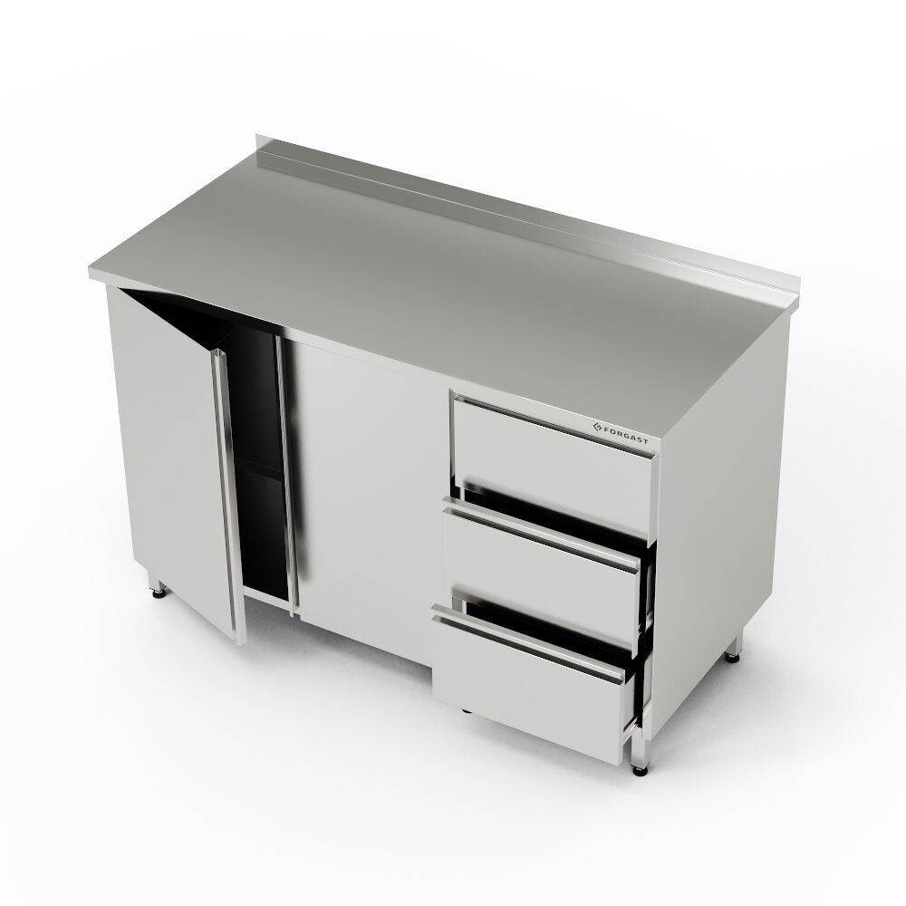 Masă de lucru din oțel inoxidabil cu dulap și bloc cu 3 sertare 150x60x85 cm | FORGAST
