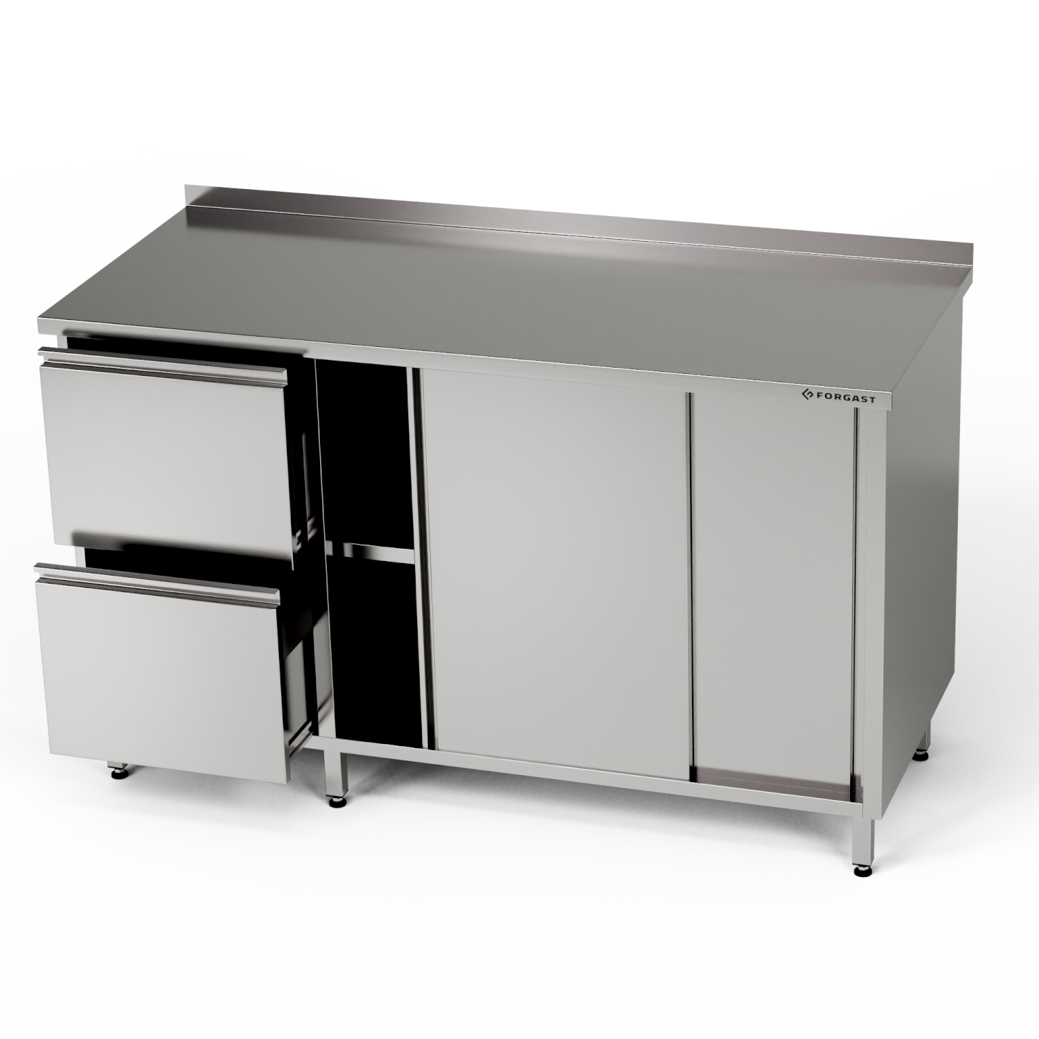 Masă de lucru din oțel inoxidabil cu dulap și bloc de sertare 140x60x85 cm | FORGAST