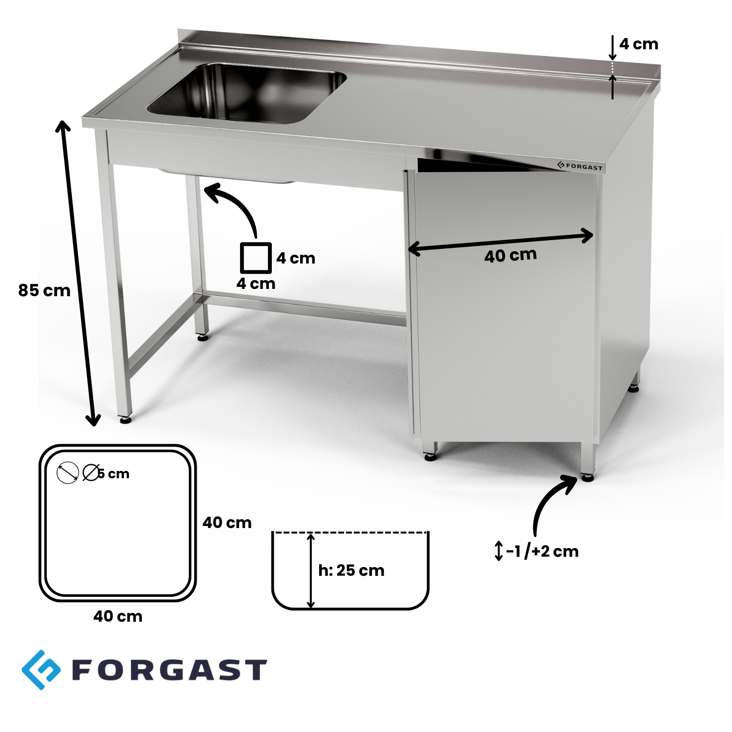 Masă inox cu chiuvetă cu 1 vas și dulap 200x70x85 cm | FORGAST