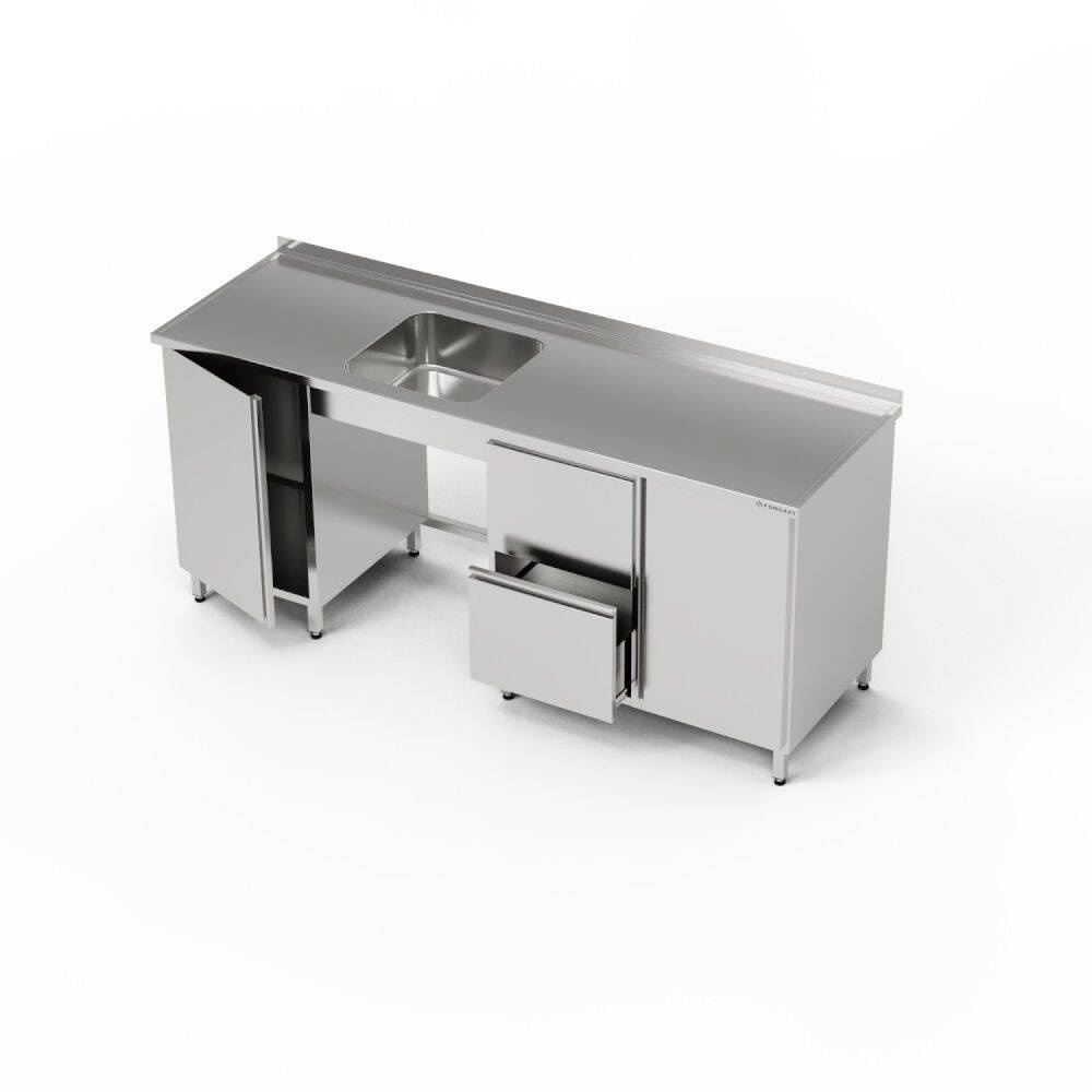 Masă inox cu chiuvetă cu 1 vas, dulap și bloc de sertare și dulap 280x70x85 cm | FORGAST