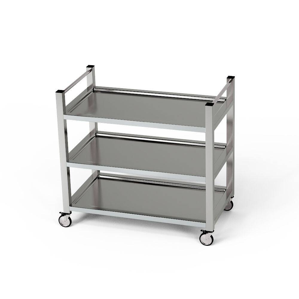 Cărucior pentru ospătari din oțel inoxidabil cu 3 rafturi și mâner vertical 110x60x85 cm | FORGAST