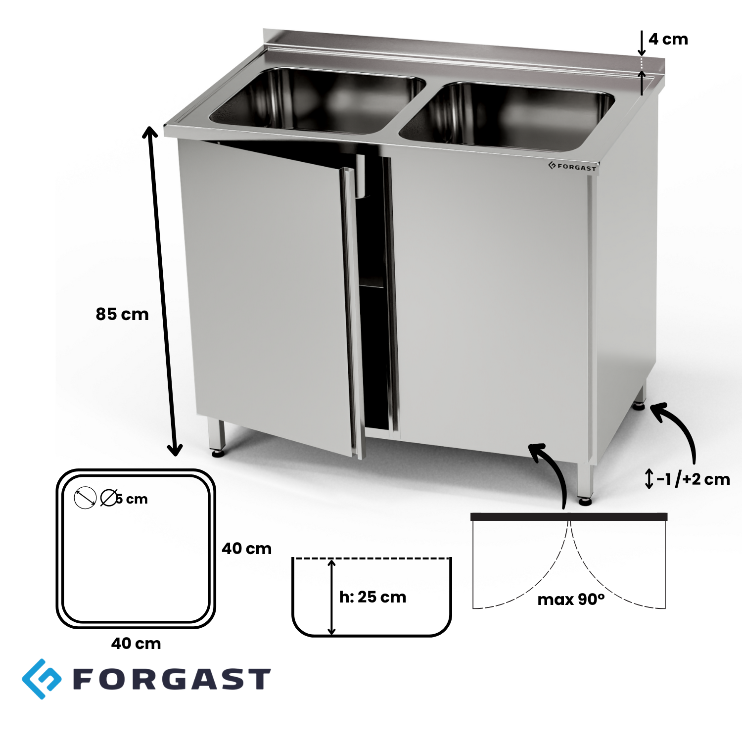Masă inox cu chiuvetă cu 2 căzi și dulap 140x60x85 cm | FORGAST