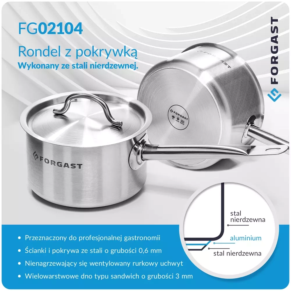 Rondel din oțel inoxidabil cu capac, capacitate 2 l | FORGAST FG02102