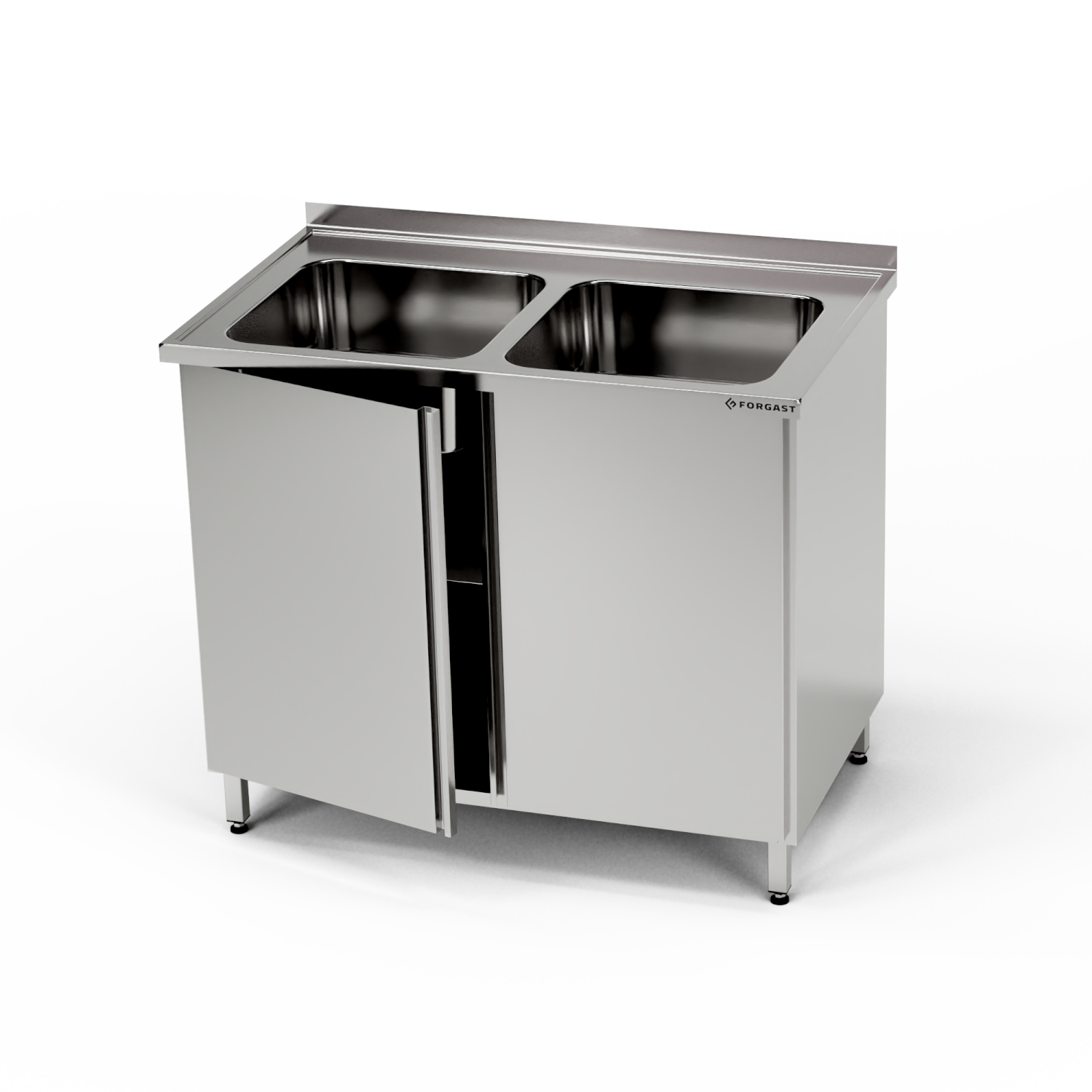 Masă inox cu chiuvetă cu 2 căzi și dulap 100x60x85 cm | FORGAST
