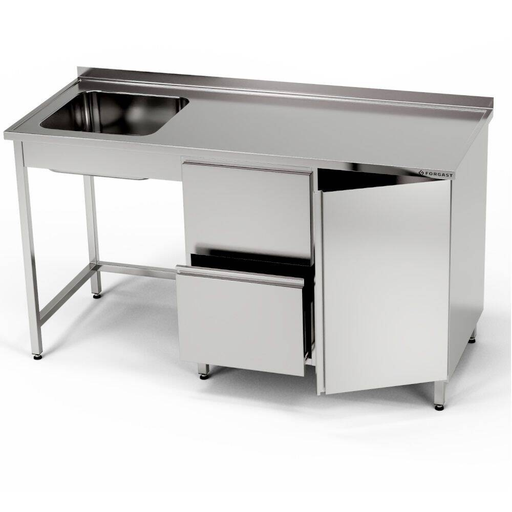 Masă inox cu chiuvetă cu 1 vas, dulap și bloc de sertare 170x60x85 cm | FORGAST