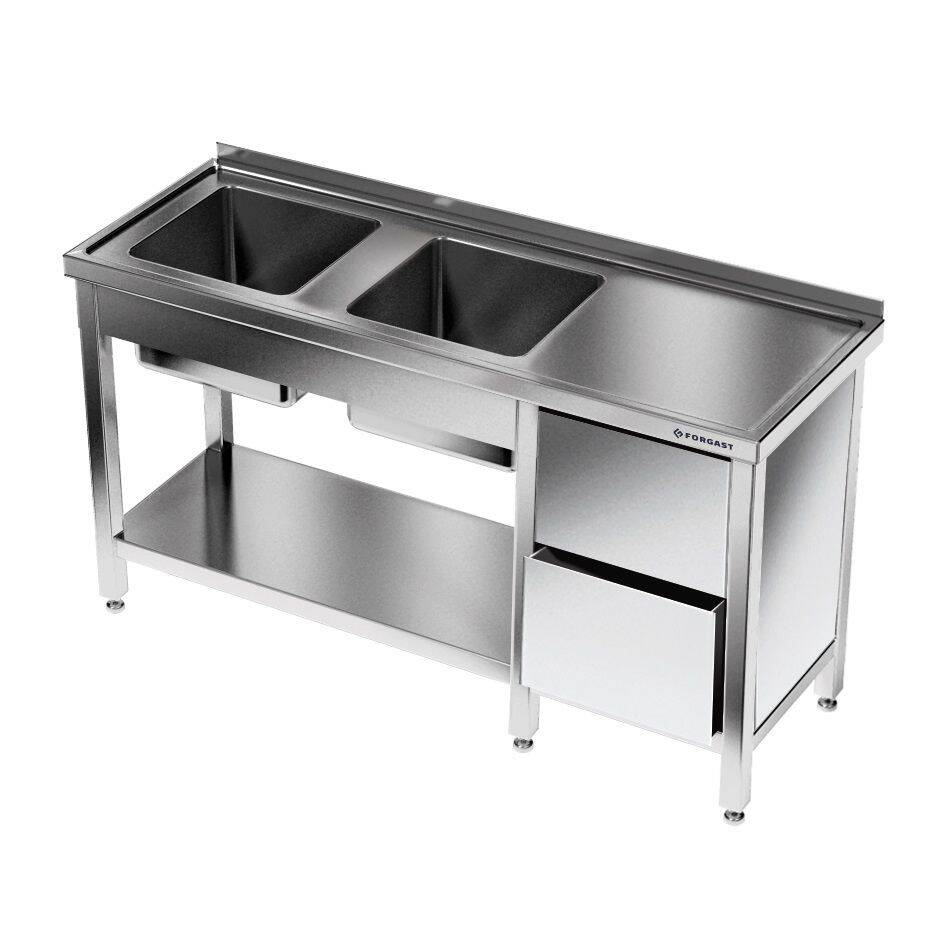 Masă inox cu chiuvetă cu 2 compartimente 190x70x85 cm | FORGAST