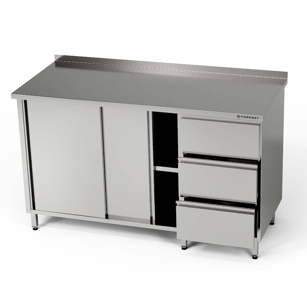 Masă de lucru din oțel inoxidabil cu dulap și bloc cu 3 sertare 130x60x85 cm | FORGAST