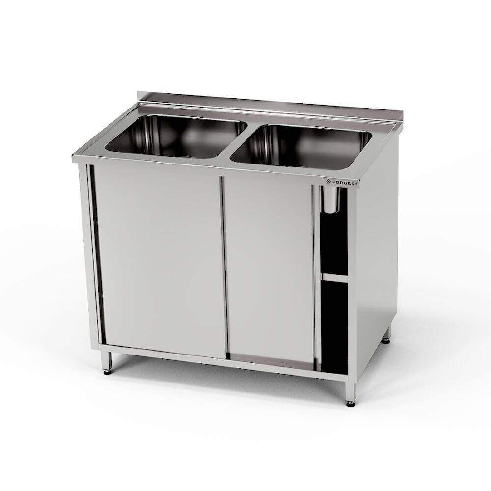 Masă inox cu chiuvetă cu 2 căzi și dulap 160x70x85 cm | FORGAST