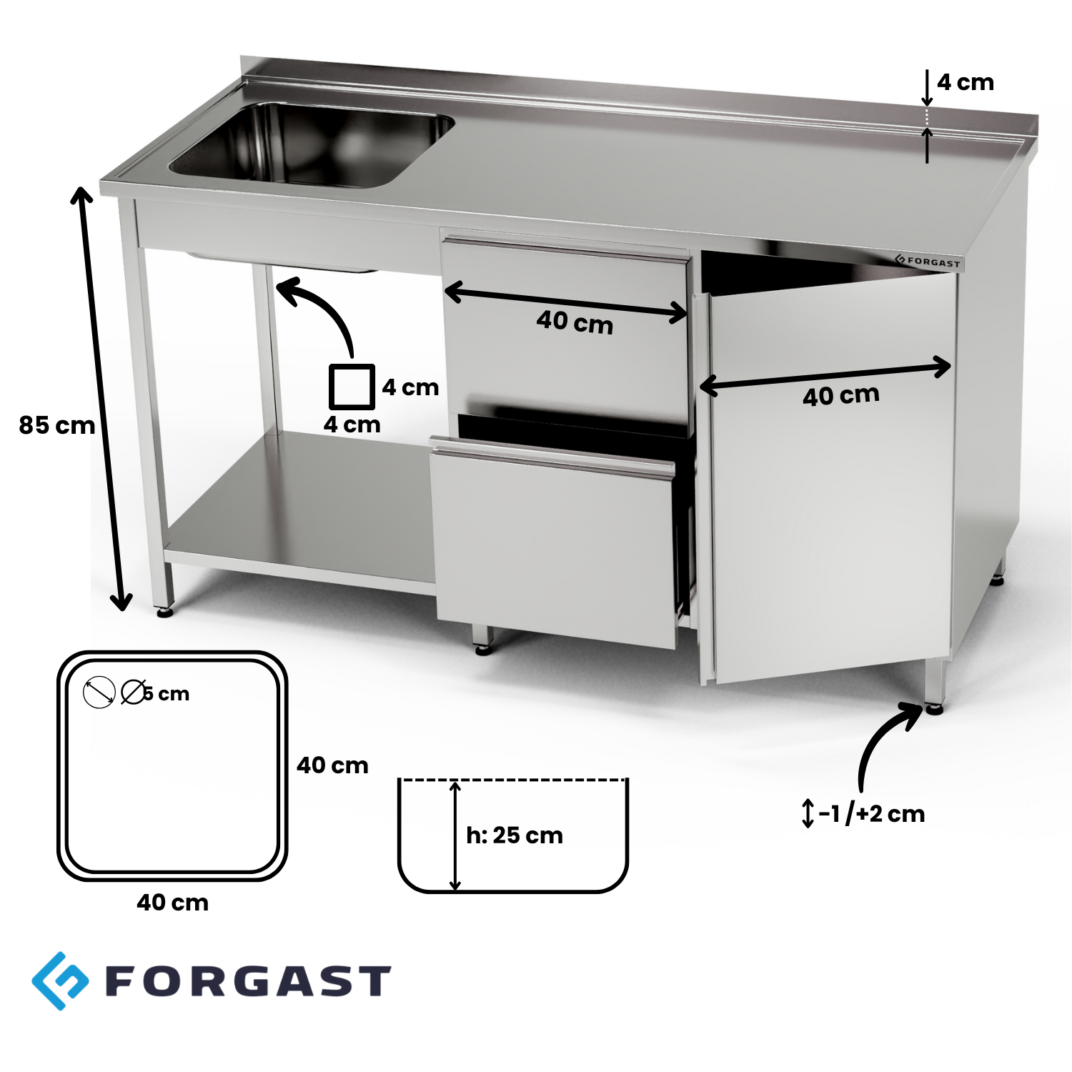 Masă inox cu chiuvetă cu 1 vas, dulap și bloc de sertare și raft 260x60x85 cm | FORGAST