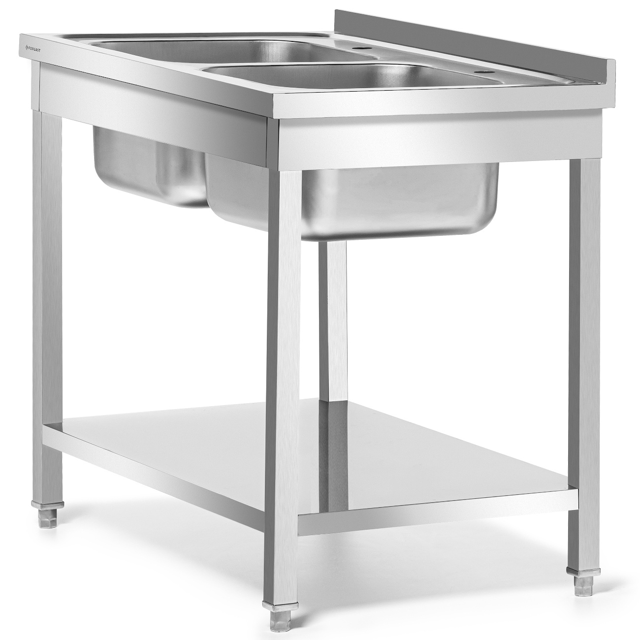 Masă din oțel inoxidabil cu chiuvetă cu 2 compartimente cu raft 120x60x85 cu șuruburi | FORGAST FG15340