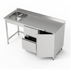 Masă inox cu chiuvetă cu 1 vas, dulap și bloc de sertare 260x60x85 cm | FORGAST