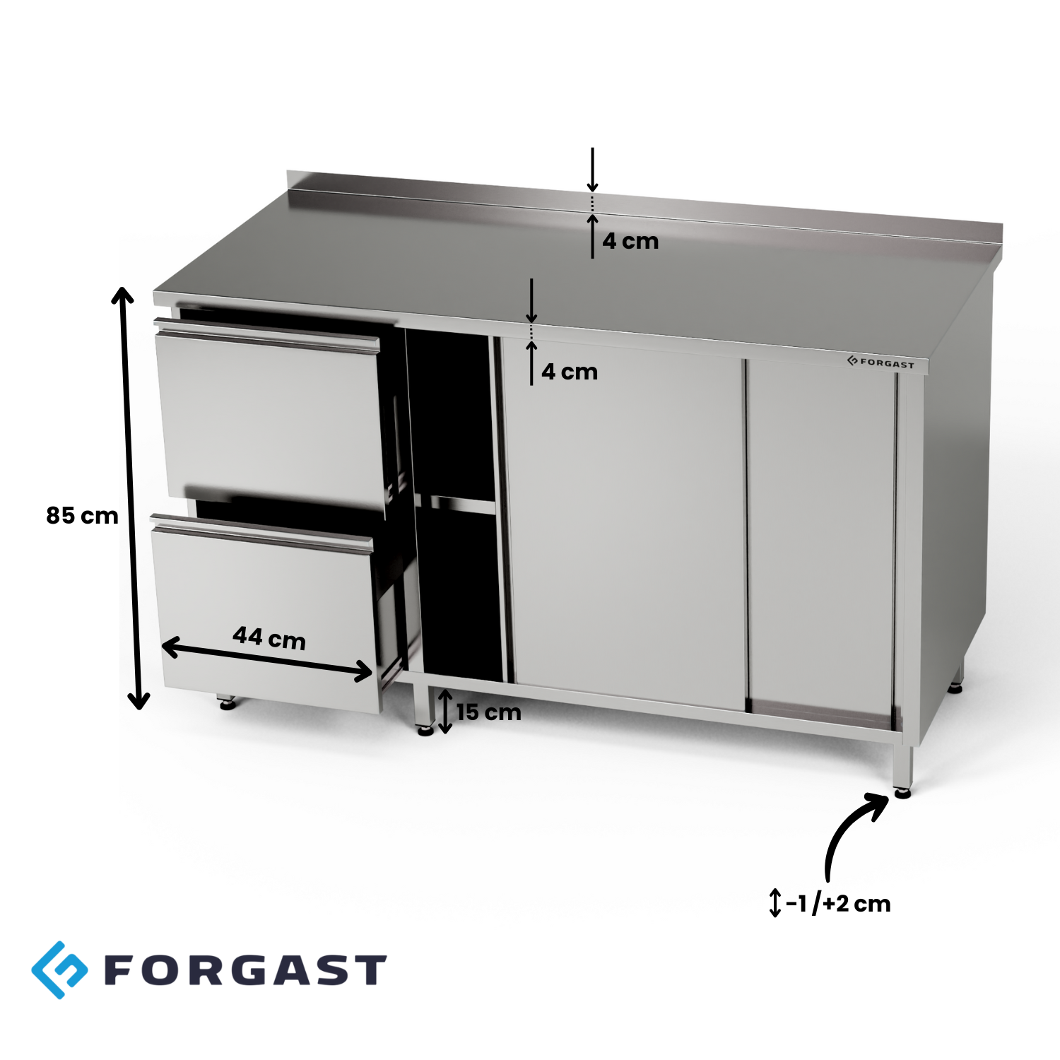 Masă de lucru din oțel inoxidabil cu dulap și bloc de sertare 140x60x85 cm | FORGAST