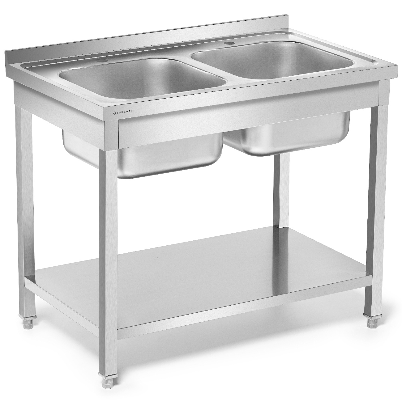 Masă din oțel inoxidabil cu chiuvetă cu 2 compartimente cu raft 120x60x85 cu șuruburi | FORGAST FG15340