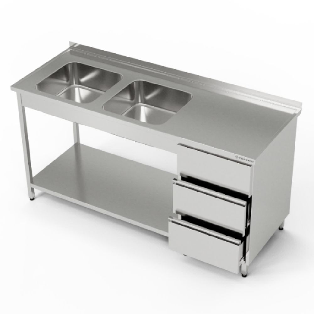 Masă inox cu chiuvetă cu 2 căzi și bloc cu 3 sertare și raft 150x70x85 cm | FORGAST