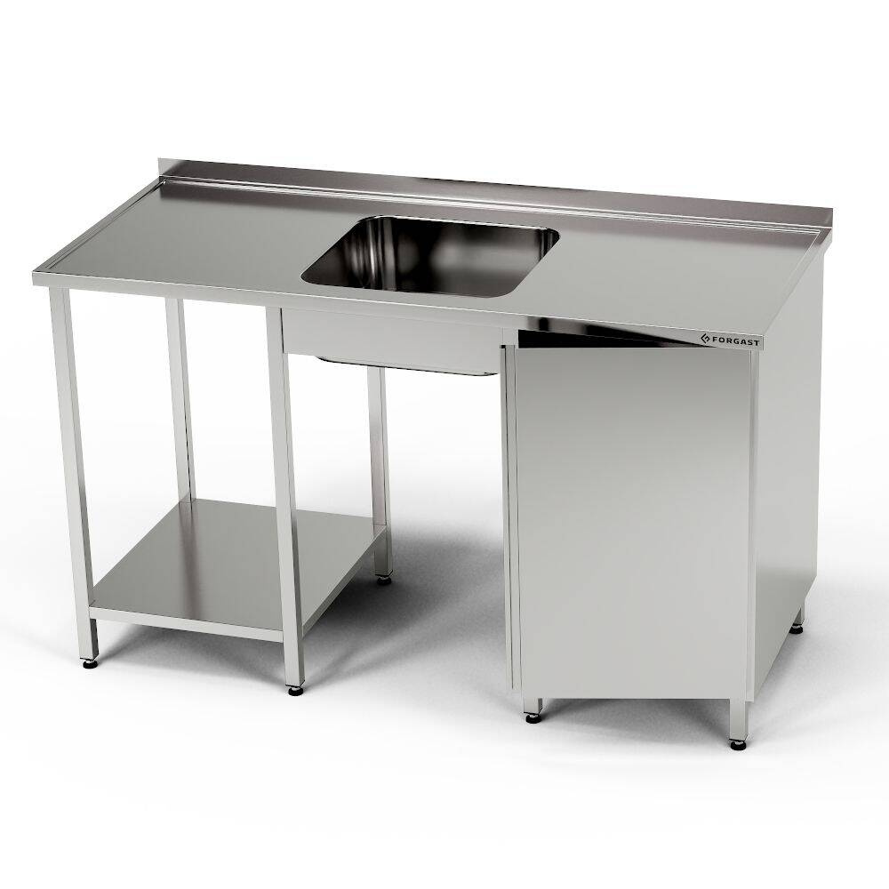 Masă inox cu chiuvetă cu 1 vas, dulap și raft 270x60x85 cm | FORGAST