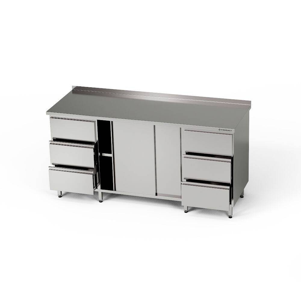 Masă de lucru din oțel inoxidabil cu dulap și 2 blocuri de 3 sertare 230x70x85 cm | FORGAST