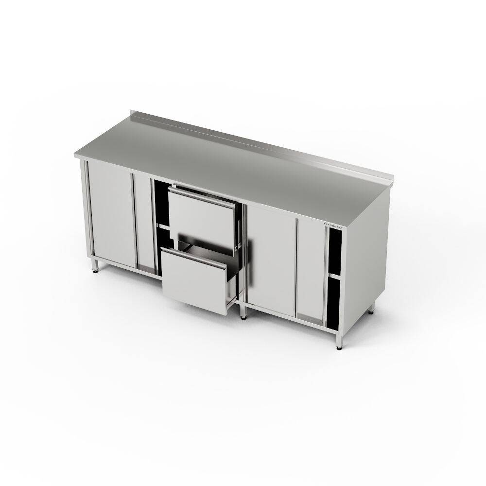 Masă de lucru din oțel inoxidabil cu 2 dulapuri și bloc cu 2 sertare 210x60x85 cm | FORGAST