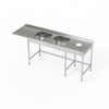 Masă din inox cu chiuvetă cu 2 vase, spațiu pentru mașina de spălat vase și evacuare a deșeurilor 260x70x85 cm | FORGAST