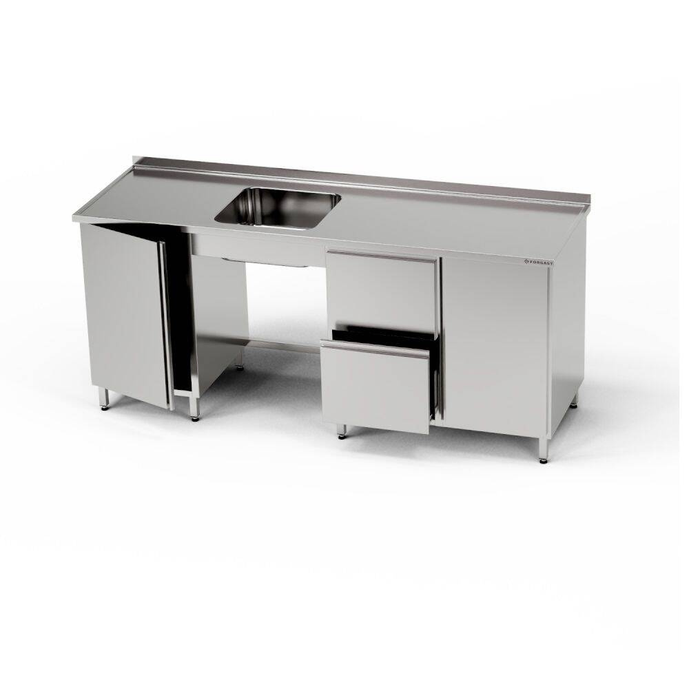 Masă inox cu chiuvetă cu 1 vas, dulap și bloc de sertare și dulap 210x60x85 cm | FORGAST