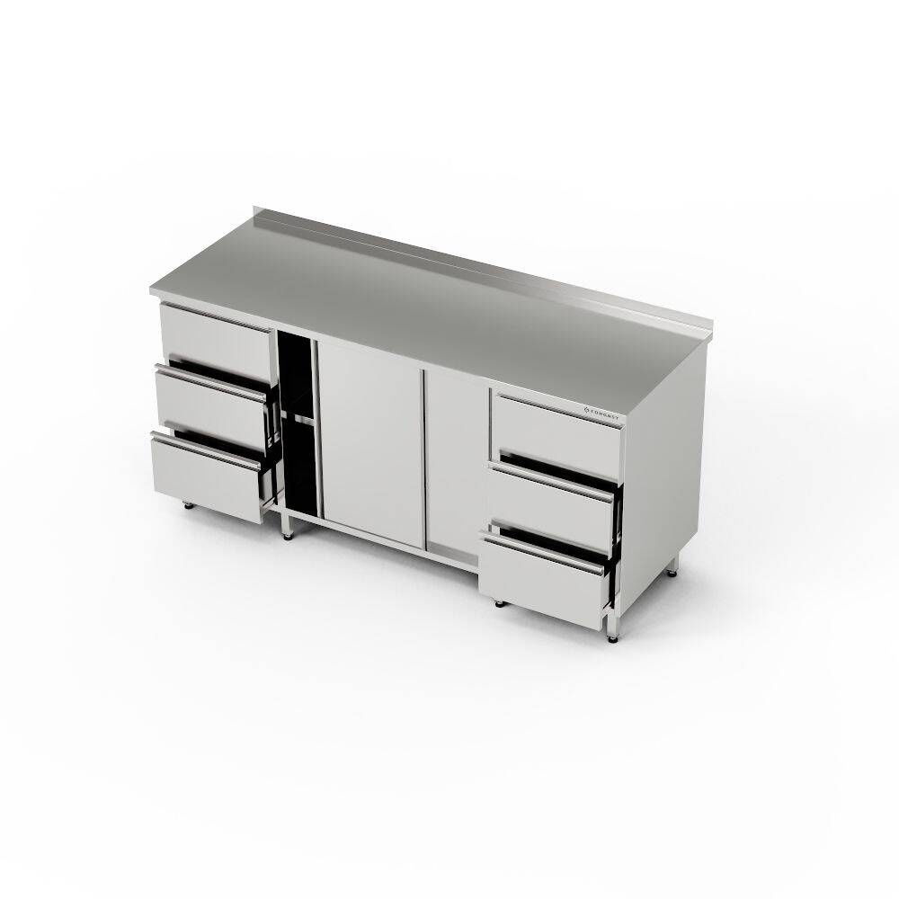 Masă de lucru din oțel inoxidabil cu dulap și 2 blocuri de 3 sertare 280x60x85 cm | FORGAST