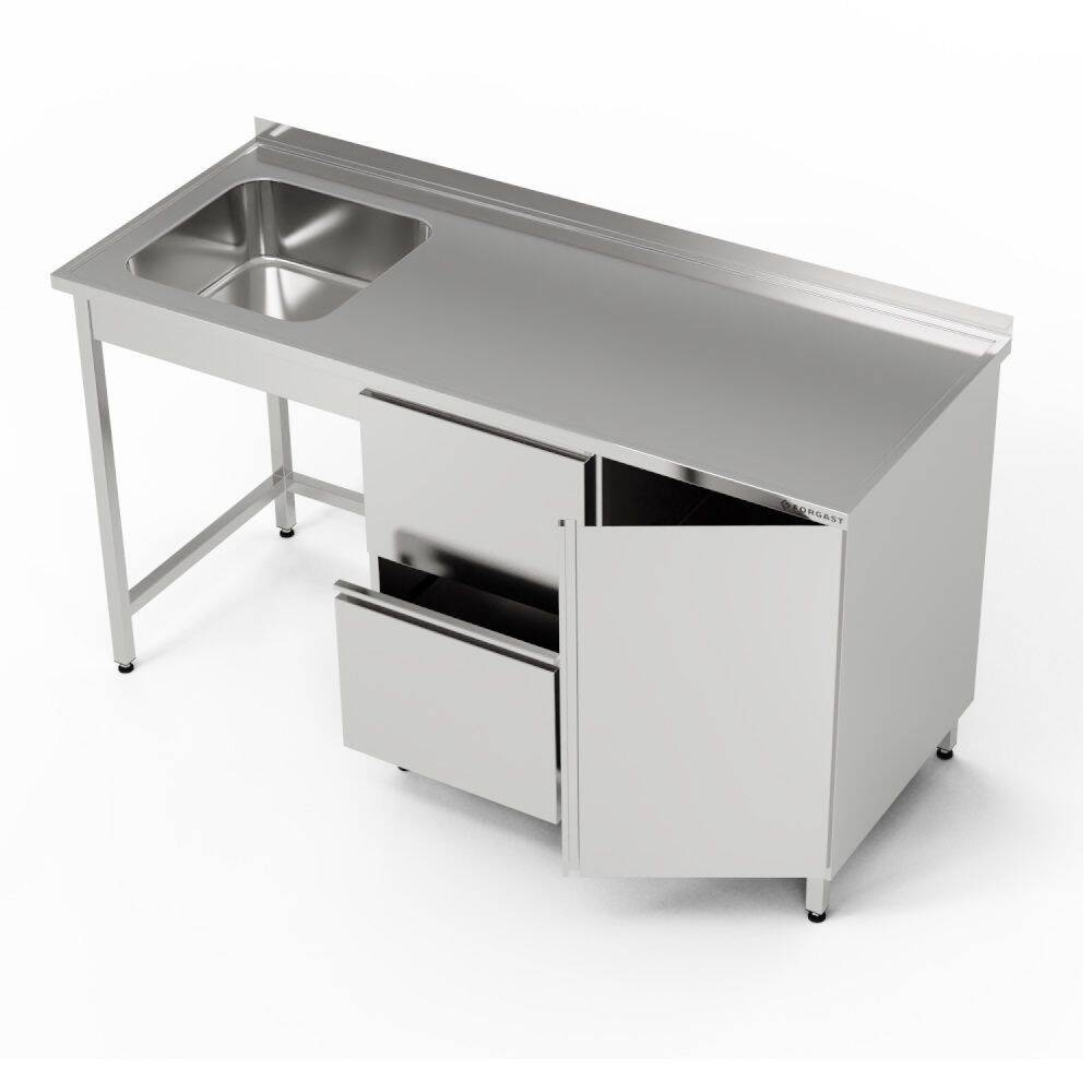 Masă inox cu chiuvetă cu 1 vas, dulap și bloc de sertare 260x70x85 cm | FORGAST