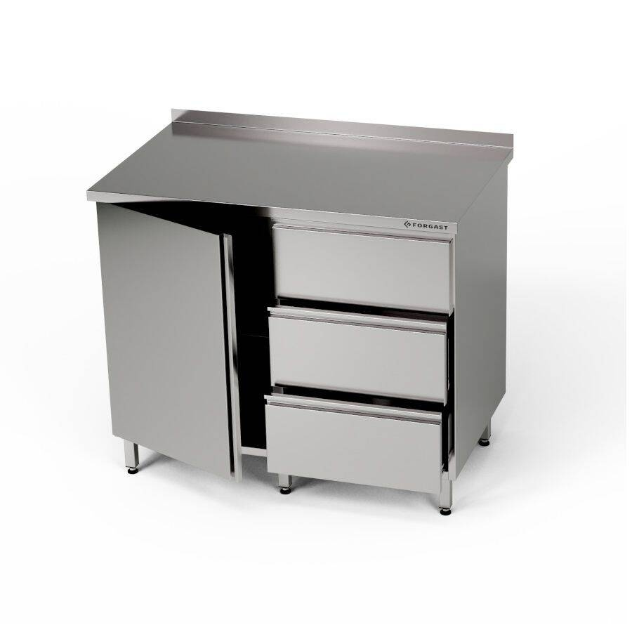 Masă de lucru din oțel inoxidabil cu dulap și bloc cu 3 sertare 90x70x85 cm | FORGAST
