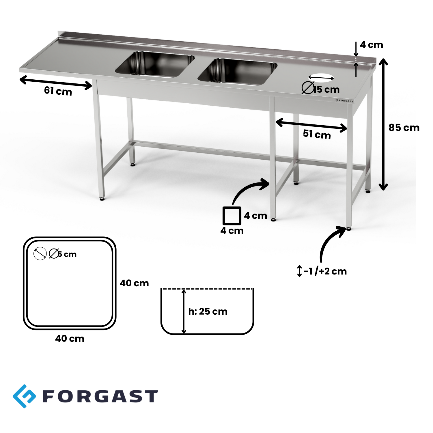 Masă din inox cu chiuvetă cu 2 vase, spațiu pentru mașina de spălat vase și deschidere pentru deșeuri 280x60x85 cm | FORGAST