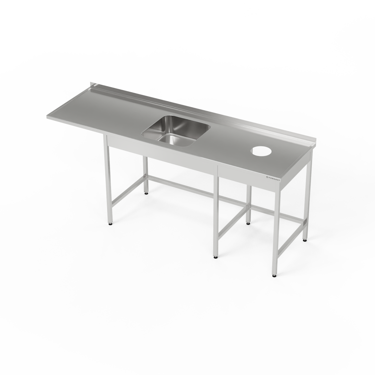 Masă inox cu chiuvetă cu 1 vas, spațiu pentru mașina de spălat vase și deschidere pentru deșeuri 210x70x85 cm | FORGAST