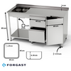 Masă inox cu chiuvetă cu 1 vas, dulap și bloc de sertare și raft 170x70x85 cm | FORGAST