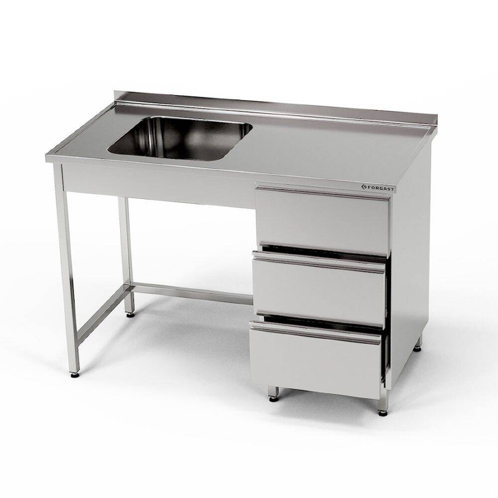 Masă inox cu chiuvetă cu 1 vas și bloc cu 3 sertare 190x70x85 cm | FORGAST