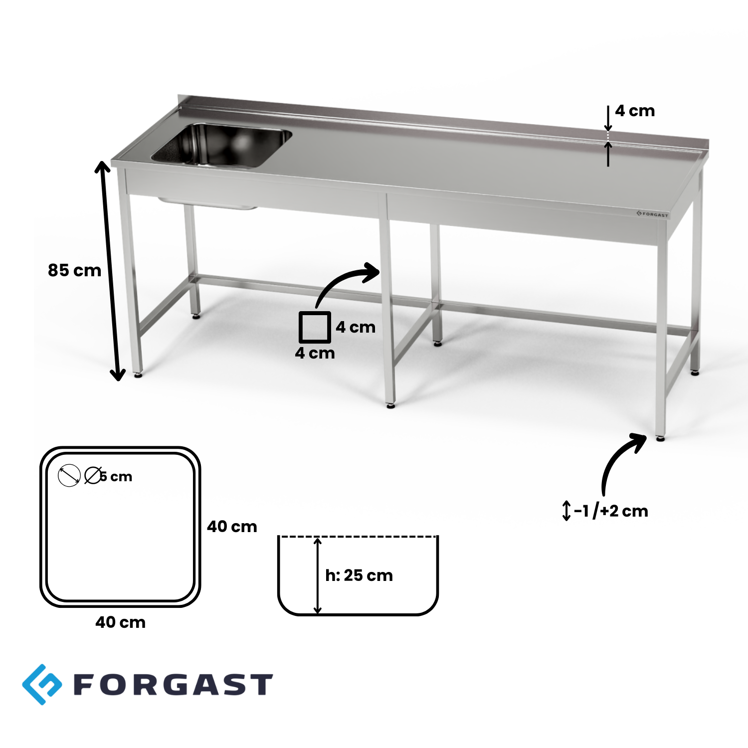 Masă inox cu chiuvetă cu 1 vas 180x70x85 cm | FORGAST