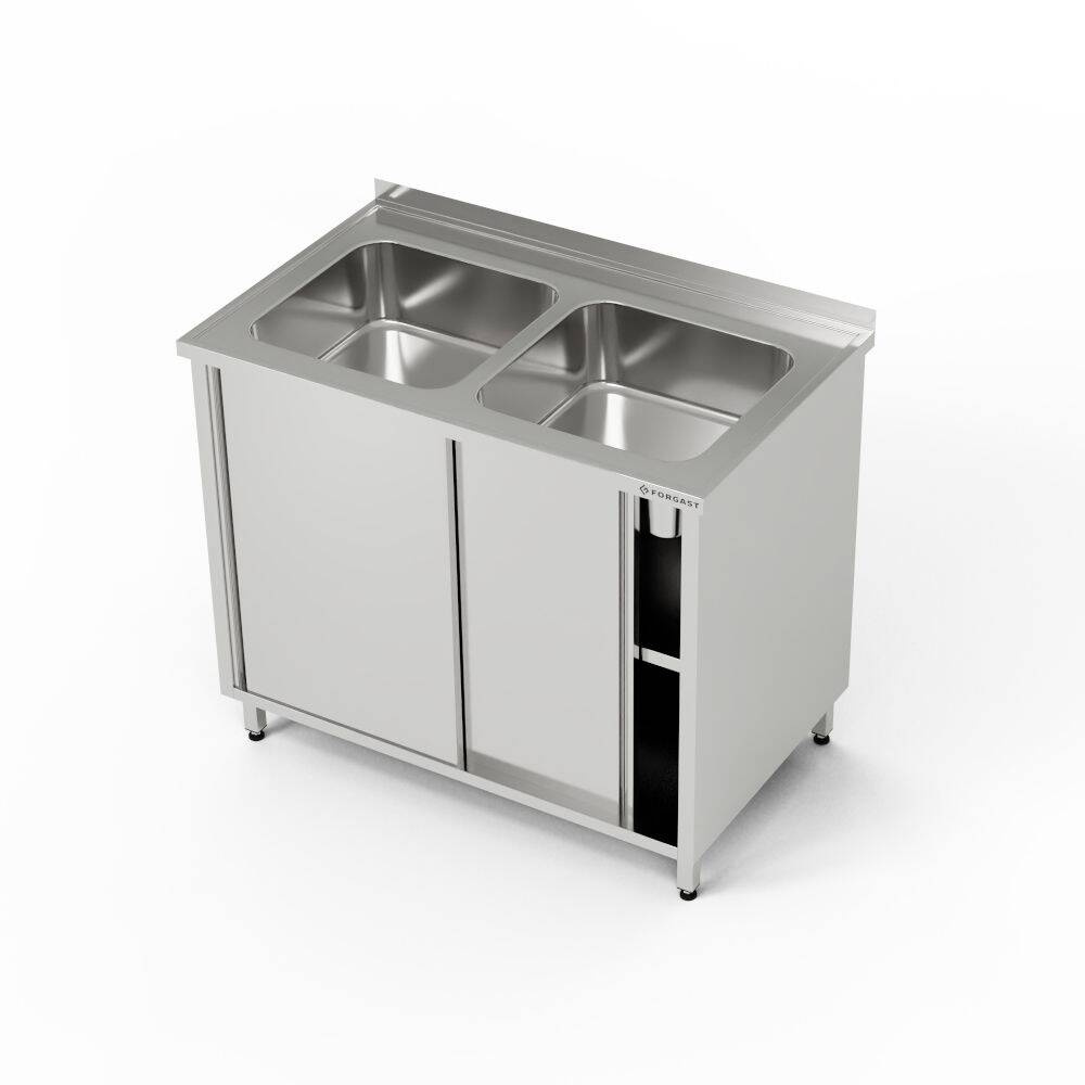 Masă inox cu chiuvetă cu 2 căzi și dulap 100x60x85 cm | FORGAST