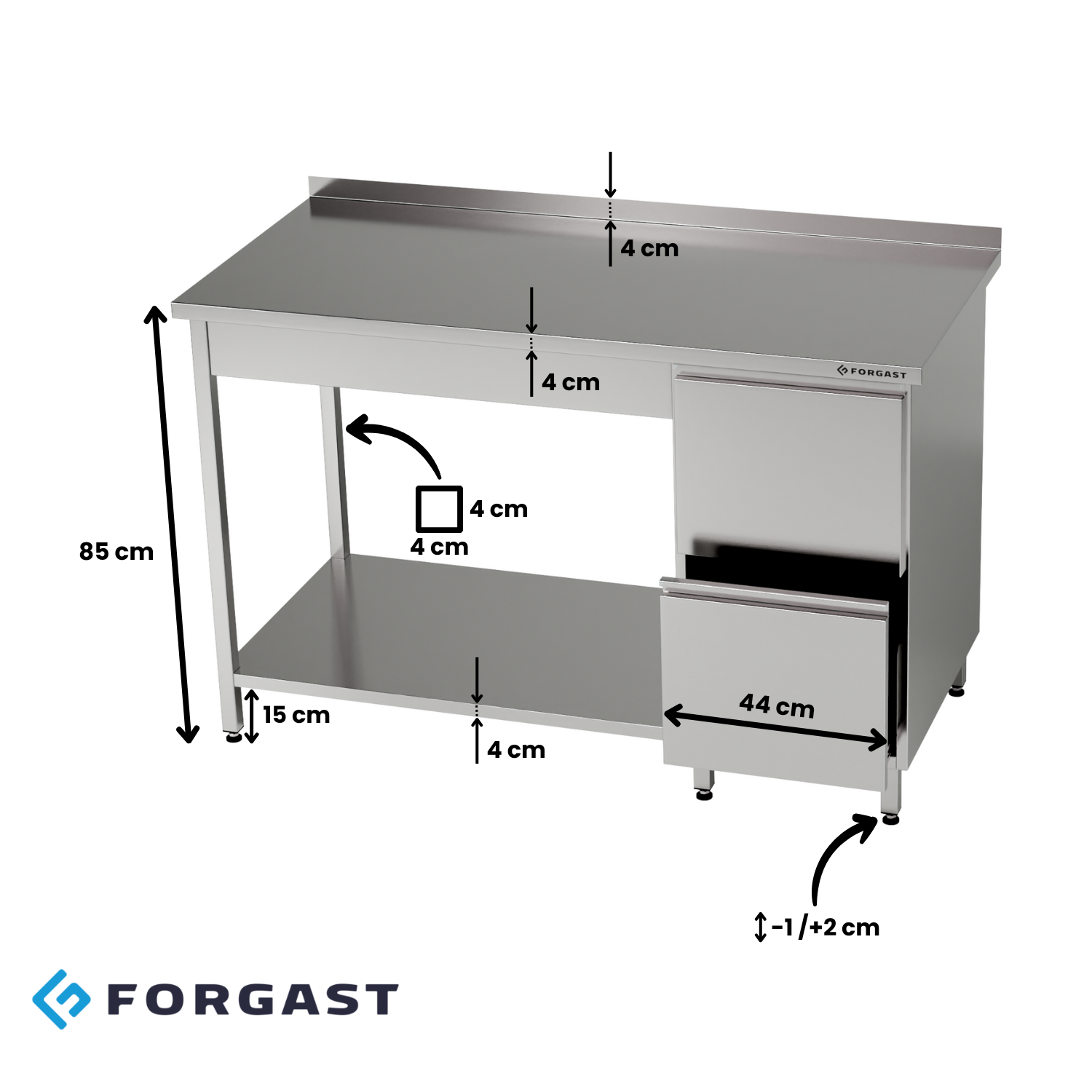 Masă de lucru din oțel inoxidabil cu bloc de sertare și raft inferior 210x60x85 cm | FORGAST