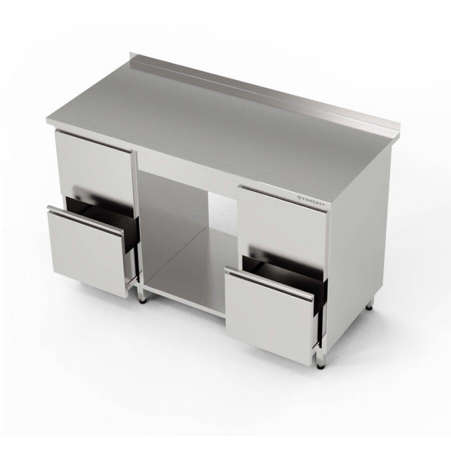 Masă de lucru din oțel inoxidabil cu raft și 2 blocuri de 2 sertare 240x70x85 cm | FORGAST