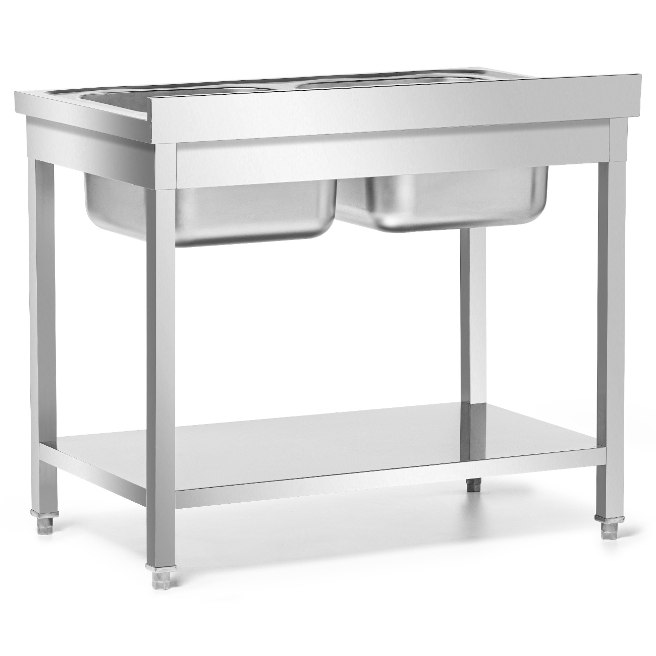 Masă din oțel inoxidabil cu chiuvetă cu 2 compartimente cu raft 120x60x85 cu șuruburi | FORGAST FG15340