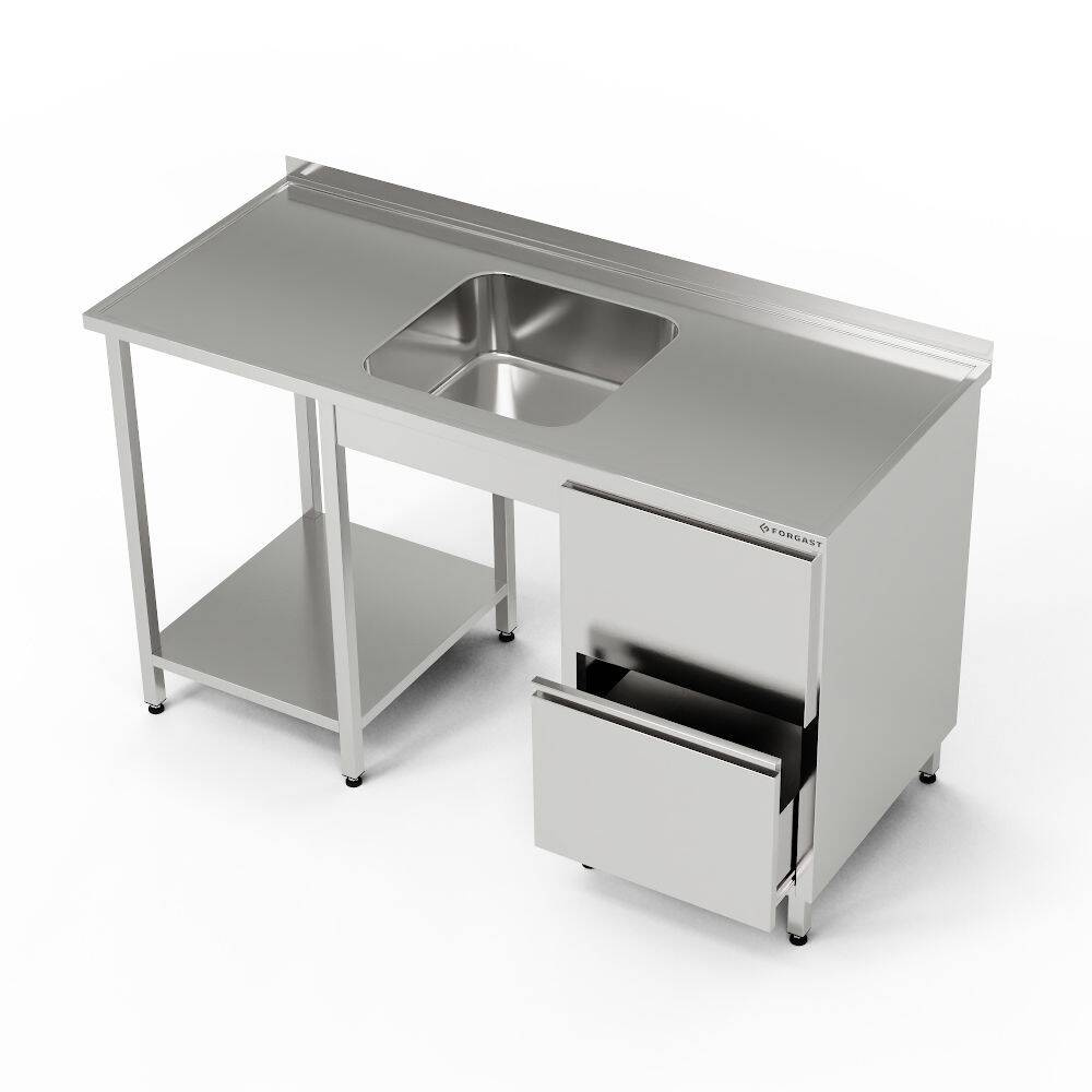 Masă inox cu chiuvetă cu 1 vas și bloc cu 2 sertare 160x70x85 cm | FORGAST