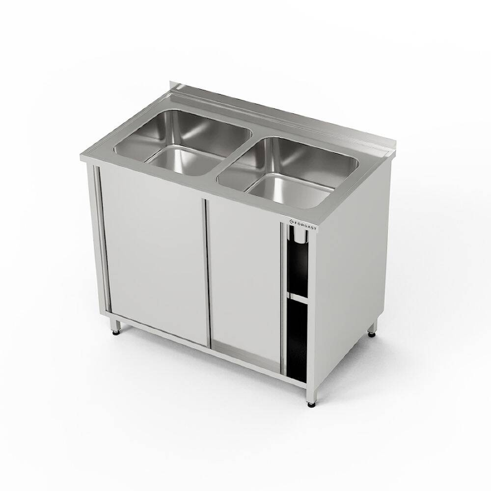 Masă inox cu chiuvetă cu 2 căzi și dulap 110x70x85 cm | FORGAST