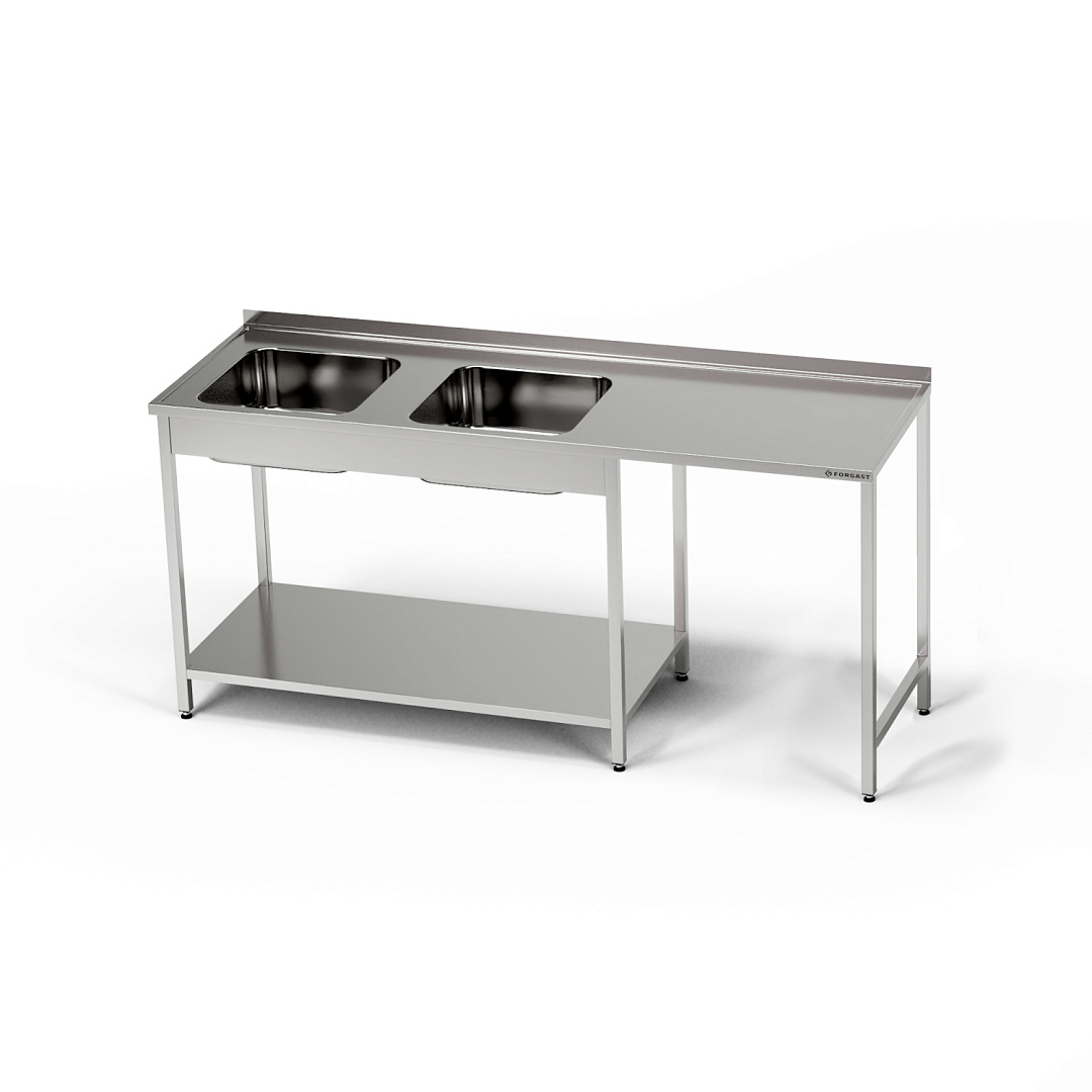Masă inox cu chiuvetă cu 2 căzi și spațiu pentru mașina de spălat vase 230x70x85 cm | FORGAST