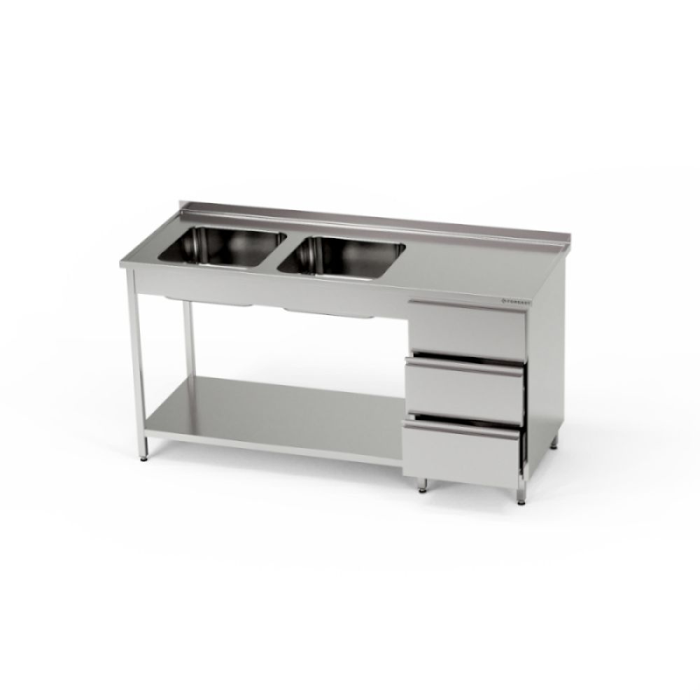 Masă inox cu chiuvetă cu 2 căzi și bloc cu 3 sertare și raft 140x60x85 cm | FORGAST