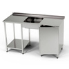 Masă inox cu chiuvetă cu 1 vas, dulap și raft 140x70x85 cm | FORGAST