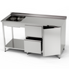 Masă inox cu chiuvetă cu 1 vas, dulap și bloc de sertare și raft 140x70x85 cm | FORGAST