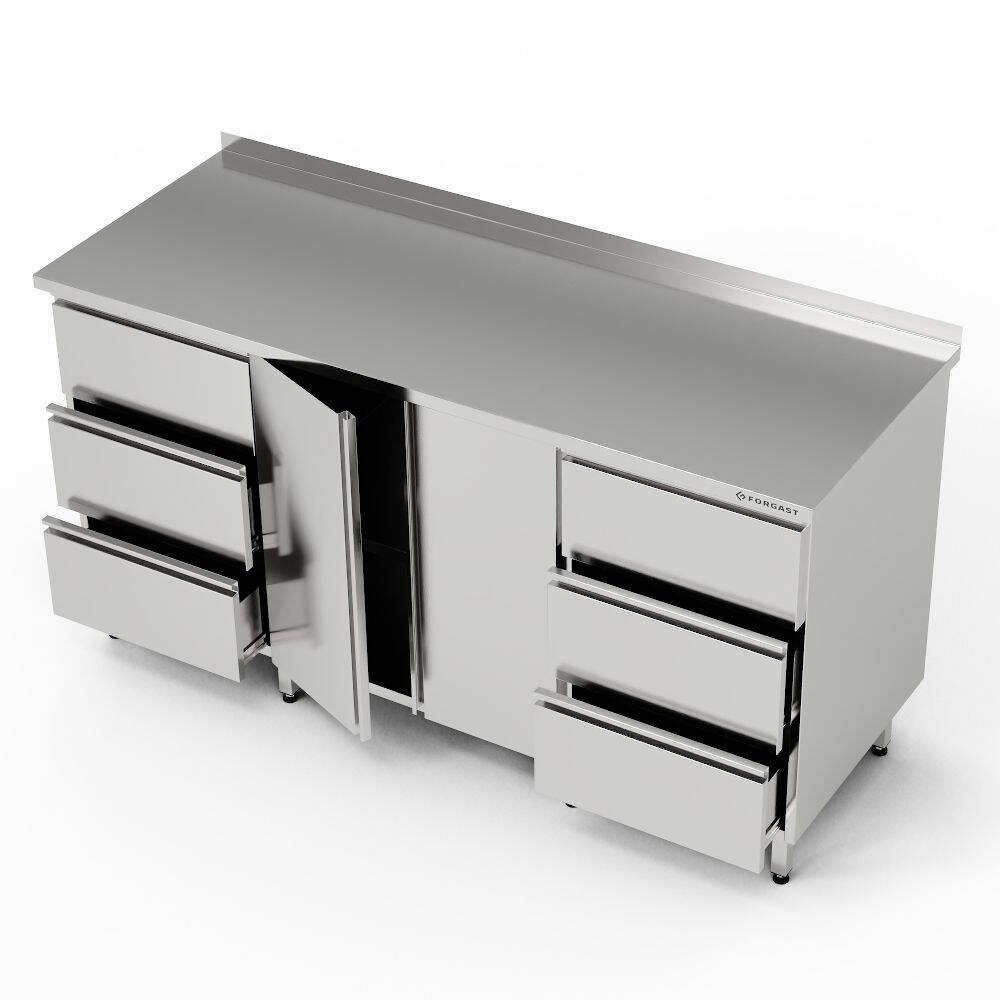 Masă de lucru din oțel inoxidabil cu dulap și 2 blocuri de 3 sertare 220x60x85 cm | FORGAST