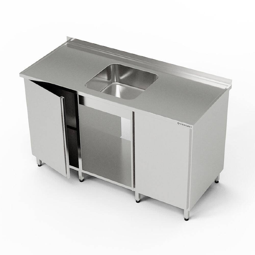 Masă inox cu chiuvetă cu 1 vas, 2 dulapuri și raft 140x60x85 cm | FORGAST
