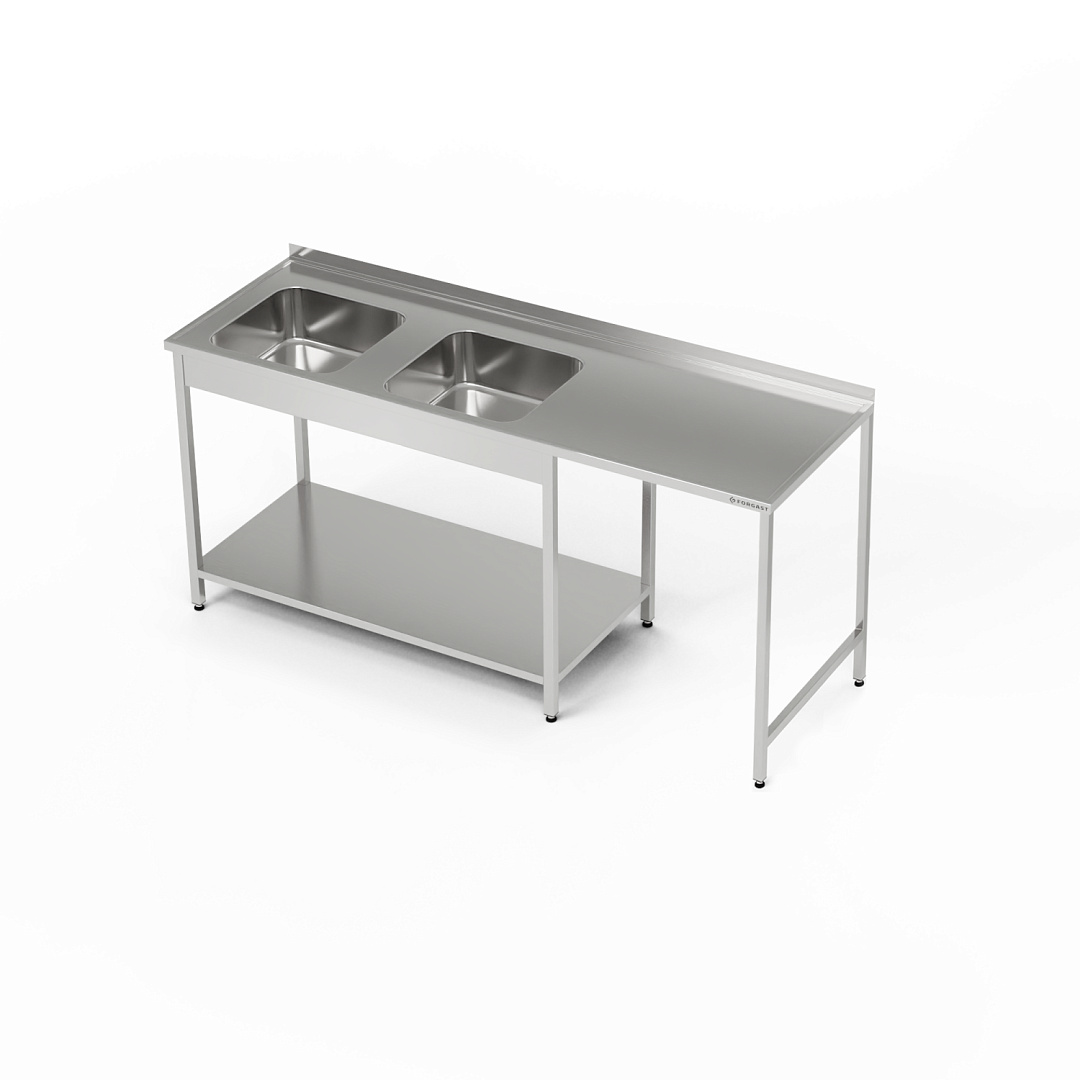 Masă inox cu chiuvetă cu 2 căzi și spațiu pentru mașina de spălat vase 200x70x85 cm | FORGAST
