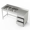 Masă inox cu chiuvetă cu 2 căzi și bloc cu 3 sertare 230x70x85 cm | FORGAST