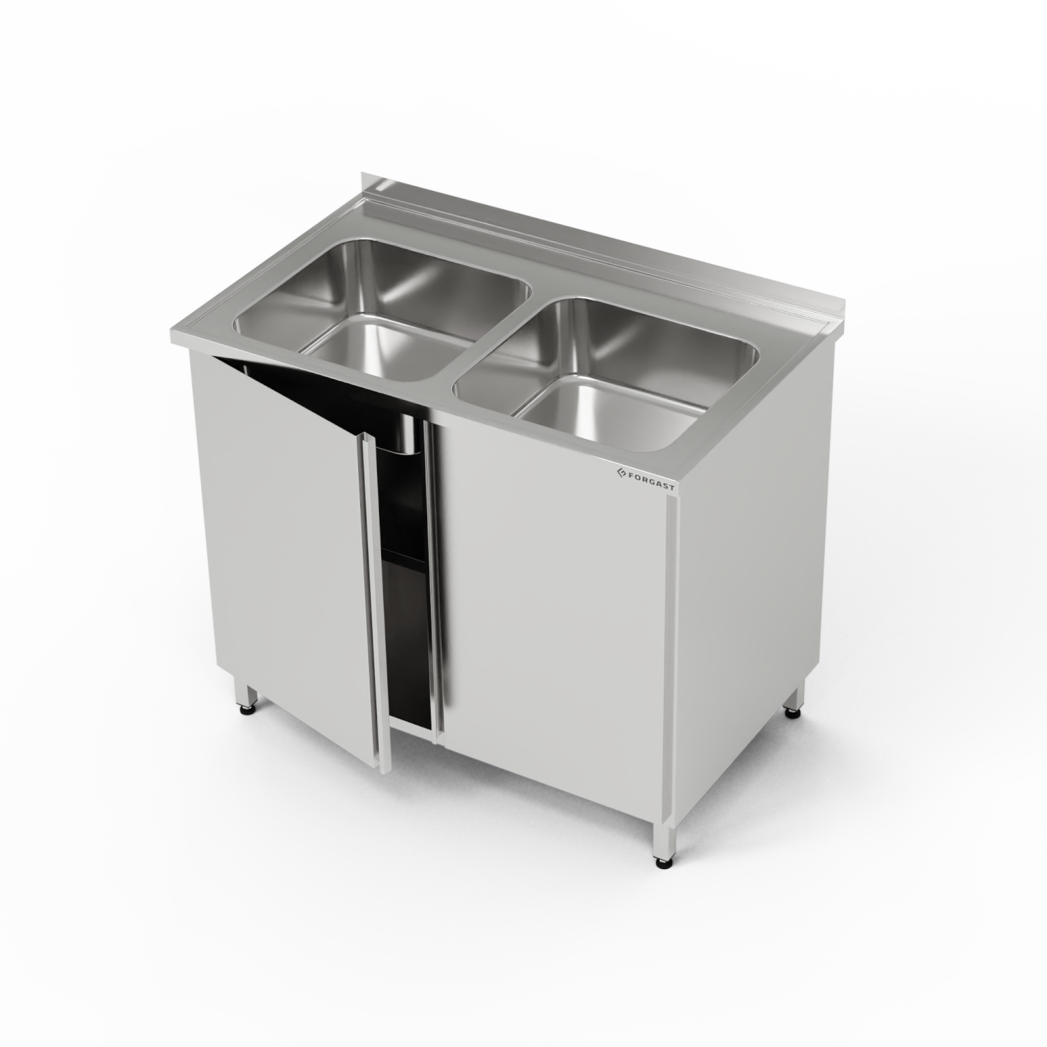 Masă inox cu chiuvetă cu 2 căzi și dulap 120x70x85 cm | FORGAST